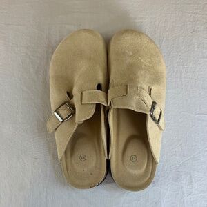 Beige Suede Clog Mules 44 Cork Footbed Buckle Strap Comfort Slides Neutral